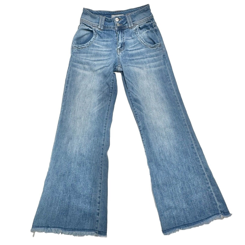 Ceros Flare Jeans Womens Size 25 Light Blue Stretch‎ Distressed Fray Raw Hems